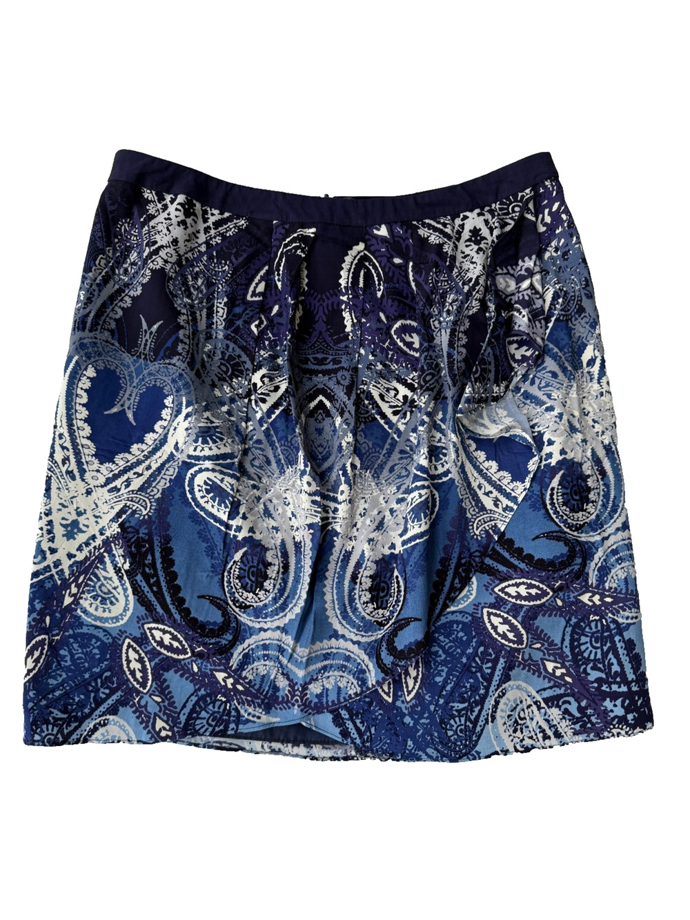 Artsy Boho Cottagecore Peter Nygard Blue Paisley Skirt Cascade Ruffle Front 12P